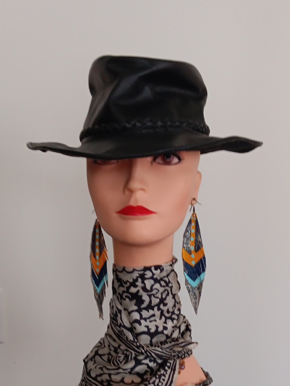 Women's or Men's Black Leather Wide-Brim Hat